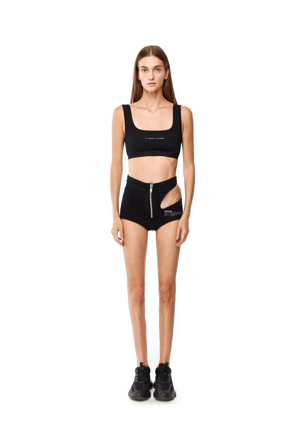 Black denim shorts with cut