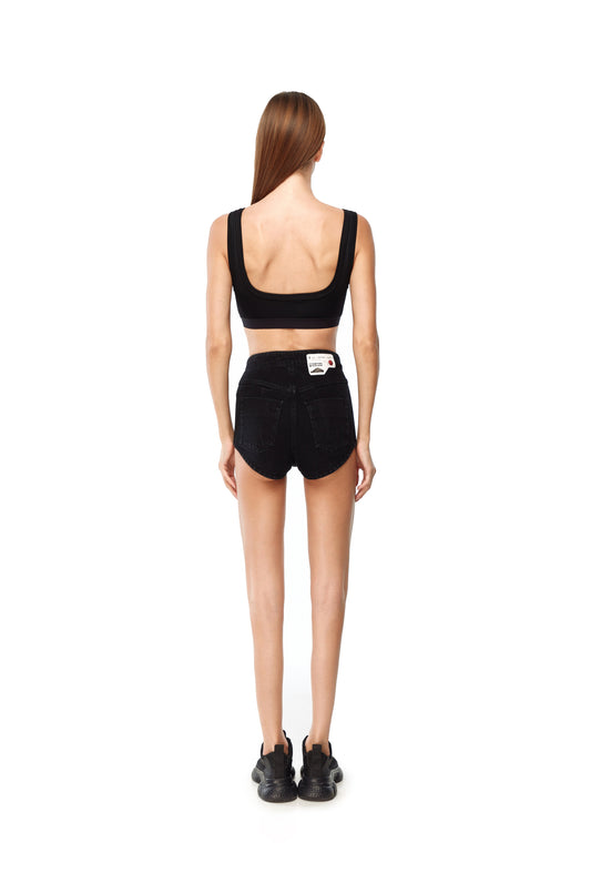 Black denim shorts with cut
